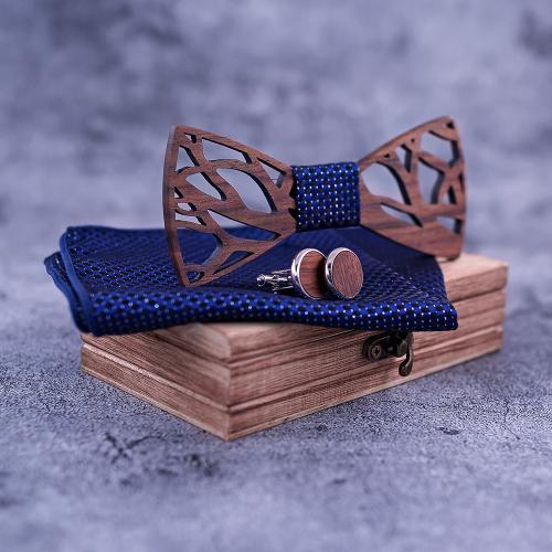 Bow Tie, Walnut wood, Square Scarf & Bow Ties & cufflink, with Cloth & 304 Stainless Steel, three pieces & for man, more colors for choice, Bow tie:120x55x4.5mm,Packaging:13.6x8.5x3.4cm, Sold By Set