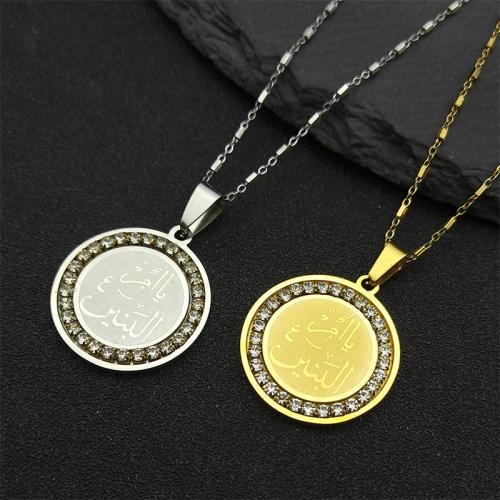 Stainless Steel Jewelry Necklace, 304 Stainless Steel, with 5cm extender chain, Round, polished, fashion jewelry & Unisex & with rhinestone, more colors for choice, 25x25mm, Length:Approx 45 cm, Sold By PC