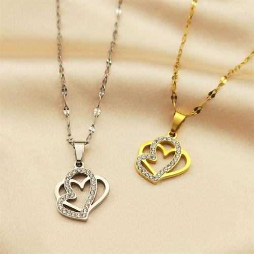 Stainless Steel Jewelry Necklace 304 Stainless Steel with 5cm extender chain Heart fashion jewelry & Unisex & with rhinestone Length Approx 40 cm Sold By PC