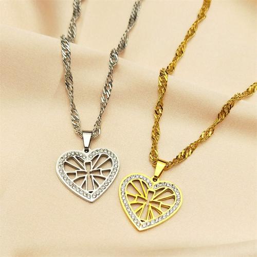 Stainless Steel Jewelry Necklace 304 Stainless Steel with 5cm extender chain Heart polished fashion jewelry & Unisex & with rhinestone Length Approx 50 cm Sold By PC