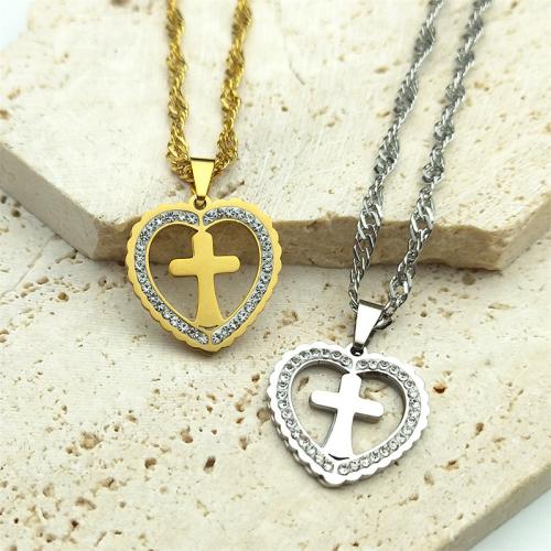 Stainless Steel Jewelry Necklace 304 Stainless Steel with 5cm extender chain Heart and Cross polished fashion jewelry & Unisex & with rhinestone Length Approx 50 cm Sold By PC