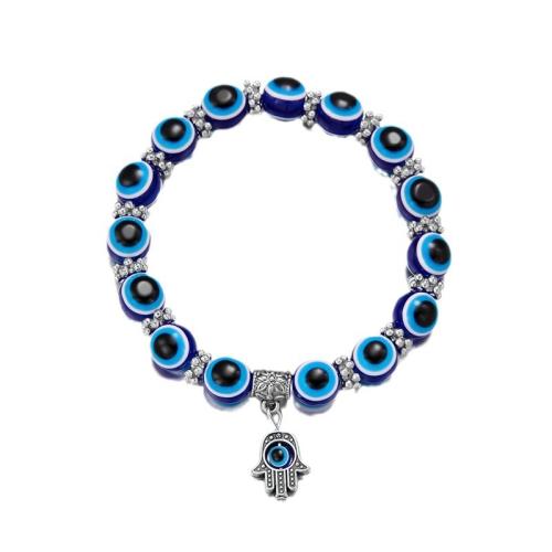 Evil Eye Jóias Pulseira, resina, with liga de zinco, Mão, joias de moda & padrão de mau-olhado & para mulher, azul, 10mm, comprimento 18 cm, vendido por PC