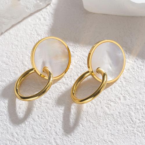 Stainless Steel Stud Earrings 304 Stainless Steel with White Shell Round gold color plated for woman white nickel lead & cadmium free Length 41 cm Sold By Pair