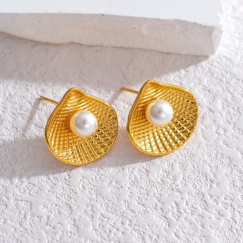 Titanium Steel  Earring, with Plastic Pearl, Shell, gold color plated, for woman, 18x17mm, Sold By Pair