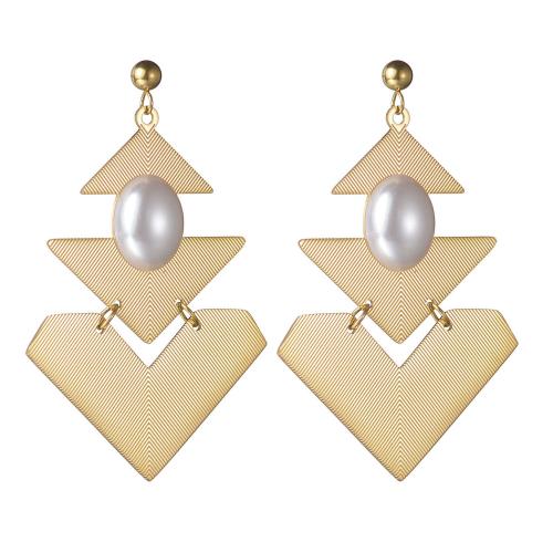 Boucle d'oreille Acier Titane, avec perle de plastique, triangle, Placage de couleur d'or, pour femme, 42x68mm, Vendu par paire