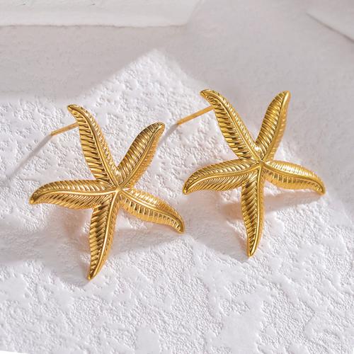 Stainless Steel Stud Earrings, 304 Stainless Steel, Starfish, gold color plated, for woman, 27mm, Sold By Pair