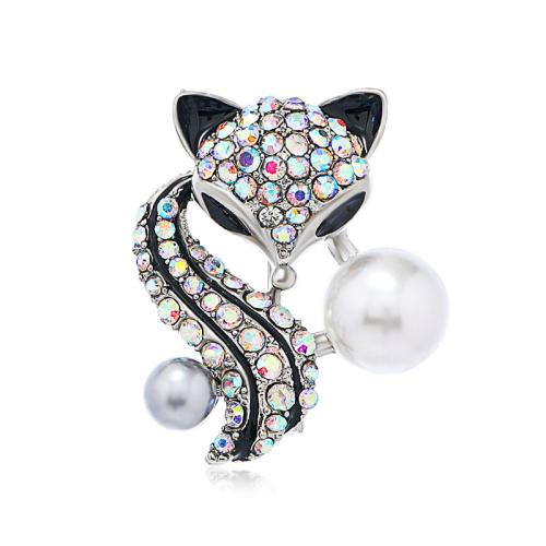 Zinklegierung Broschen, mit Kunststoff Perlen, Fuchs, für Frau & Emaille & mit Strass, Silberfarbe, 17x30mm, verkauft von PC