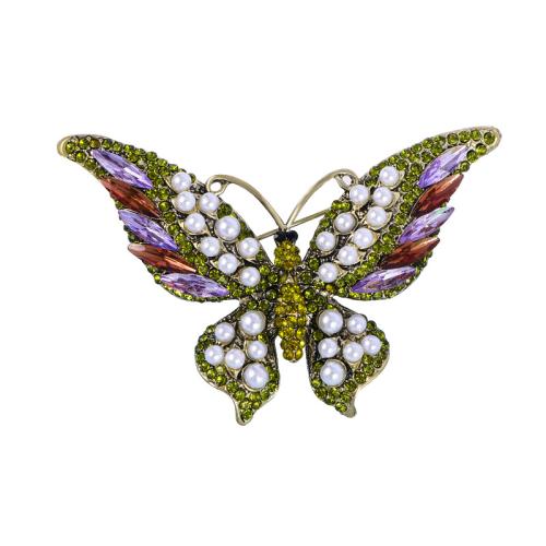 Zinklegierung Broschen, mit Kunststoff Perlen, Schmetterling, für Frau & mit Strass, grün, 64x87mm, verkauft von PC