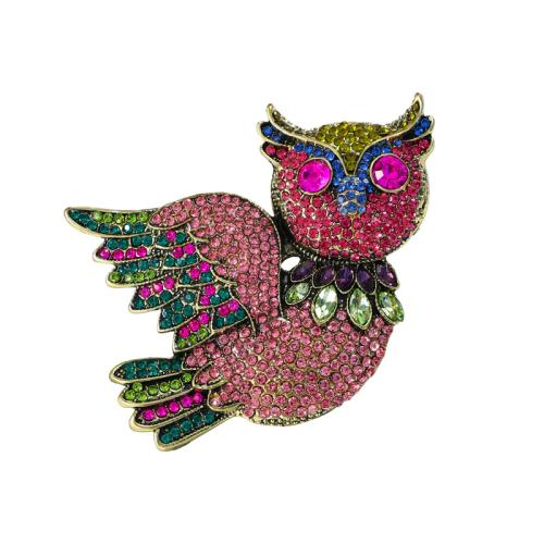 Zinc Alloy Brooches Owl for woman & with rhinestone multi-colored Sold By PC