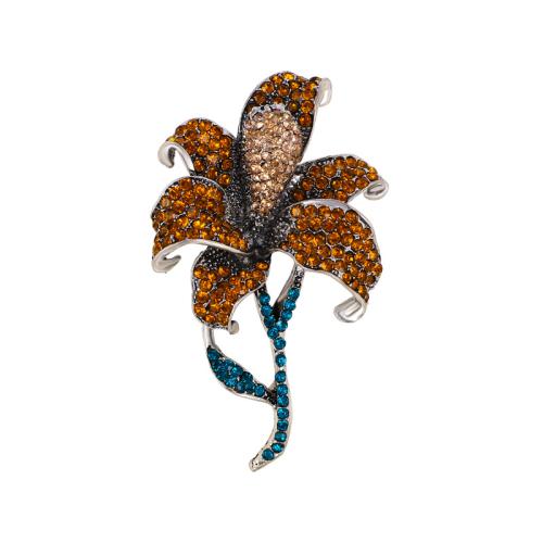 Tibetan Style Brooches, Lily, for woman & with rhinestone, golden, 70x40mm, Sold By PC