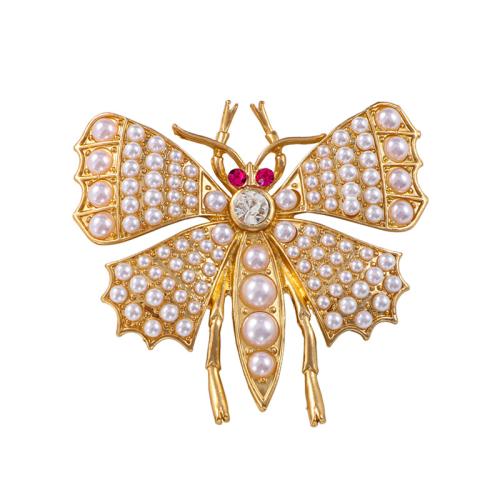 Tibetan Style Brooches, with Plastic Pearl, for woman & with rhinestone, golden, 75x76mm, Sold By PC