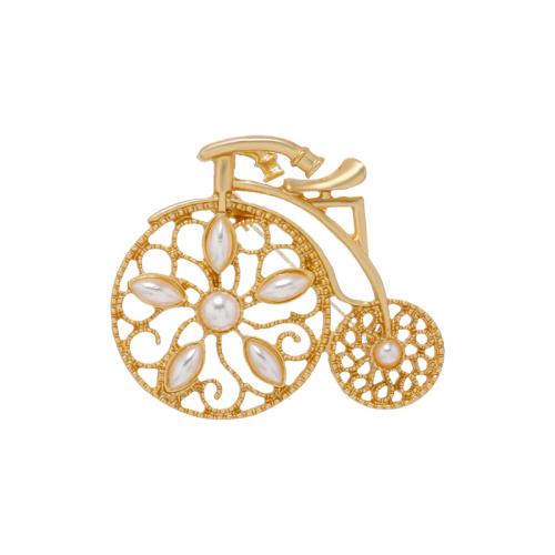 Broches de aleación de zinc, con Perlas plásticas, Bicicleta, para mujer, dorado, 43x50mm, Vendido por UD