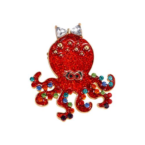 Zinc Alloy Brooches Octopus for woman & enamel & with rhinestone red Sold By PC
