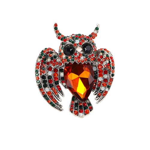 Tibetan Style Brooches, Owl, for woman & with rhinestone, red, 63x52mm, Sold By PC