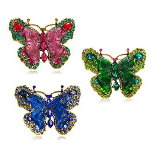 Broches en alliage de zinc, papillon, pour femme & avec strass, plus de couleurs à choisir, 53x68mm, Vendu par PC