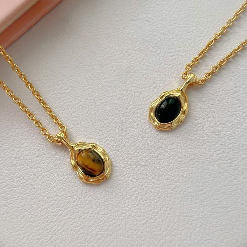 Brass Necklace with Tiger Eye & Black Agate with 5cm extender chain plated & for woman golden Length 40 cm Sold By PC