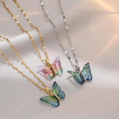 Titanium Steel Necklace, with Resin, with 5cm extender chain, micro pave cubic zirconia & for woman, more colors for choice, Length:40 cm, Sold By PC