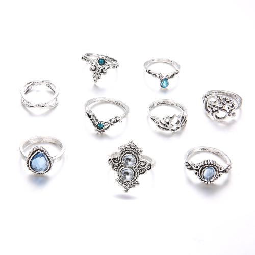 Zinc Alloy Ring Set with Artificial Opal antique silver color plated vintage & nine pieces & for woman & with rhinestone Sold By Set