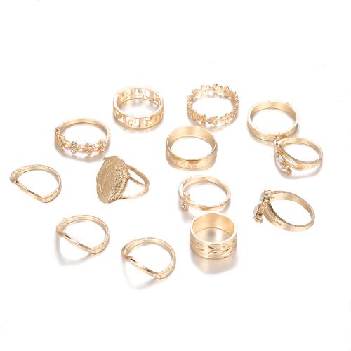 liga de zinco anel Set, cromado de cor dourada, 13 peças & para mulher & com strass, vendido por Defina