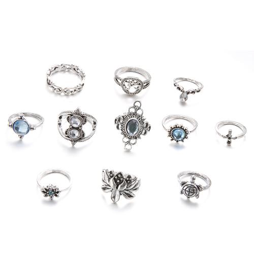 aleación de zinc Anillo Set, chapado en color de plata antigua, once piezas & para mujer & con diamantes de imitación, Vendido por Set