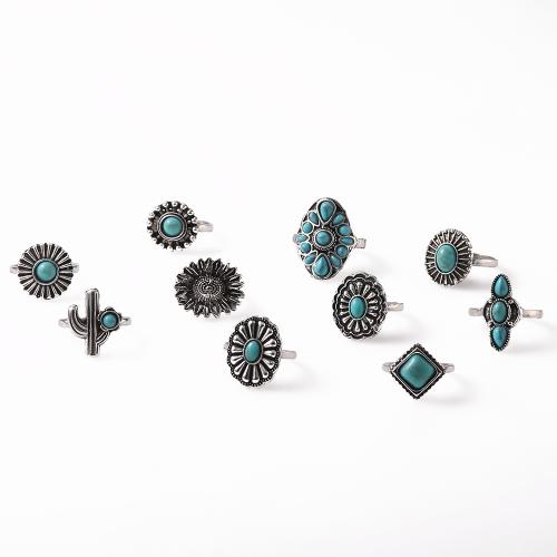 Zinc Alloy ring Set, med Syntetisk Turkis, antik sølv farve forgyldt, 10 stykker & for kvinde, Solgt af sæt