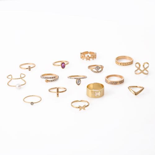 Zinc Alloy ring Set, med Plastic Pearl, guldfarve belagt, for kvinde & med rhinestone, Solgt af sæt