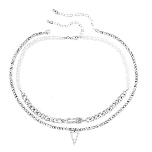 Zinc Alloy Necklace with Titanium Steel & iron chain & Plastic Pearl with 2.7inch extender chain Triangle platinum color plated Double Layer & for man & with rhinestone Length Approx 17.7 Inch Sold By PC