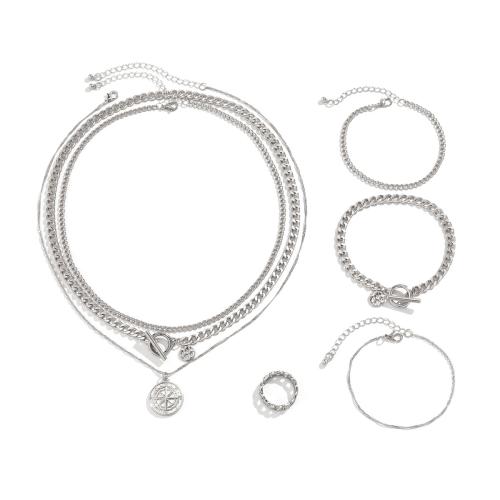 Tibetan Style Jewelry Set, finger ring & bracelet & necklace, with iron chain, platinum color plated, 5 pieces & for man, Length:Approx 17.7 Inch, Approx 19.7 Inch, Approx 7 Inch, Approx 8 Inch, Sold By Set