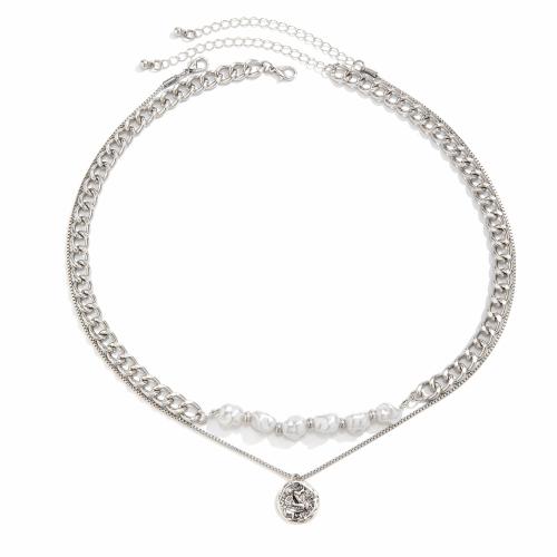 Tibetan Style Necklace, with iron chain & Plastic Pearl, with 2.7inch extender chain, platinum color plated, Double Layer & fashion jewelry & for man, Length:Approx 17.7 Inch, Sold By PC