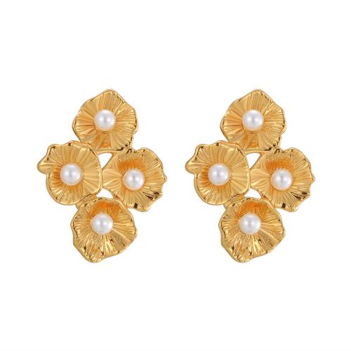 Brass Stud Earring with Plastic Pearl Plum Blossom plated fashion jewelry & for woman Sold By Pair