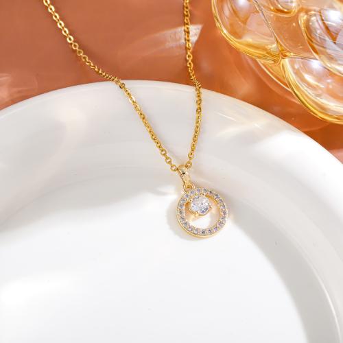 Cubic Zircon Micro Pave Brass Necklace with Titanium Steel & Crystal Donut gold color plated fashion jewelry & micro pave cubic zirconia & for woman & hollow nickel lead & cadmium free Length Approx 41-50 cm Sold By PC