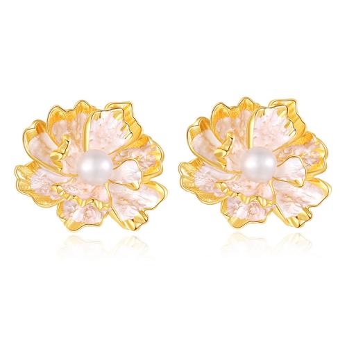 Brass Stud Earring with Glass Pearl Flower fashion jewelry & for woman nickel lead & cadmium free Sold By Pair