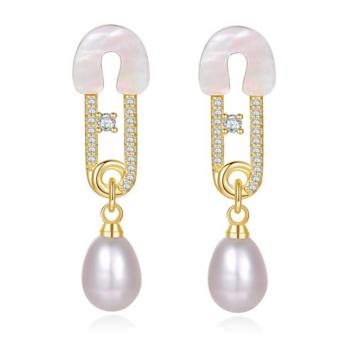 Cubic Zirconia Micro Pave Brass Earring, with White Shell & Glass Pearl, fashion jewelry & micro pave cubic zirconia & for woman, nickel, lead & cadmium free, 9.04x34.10mm, Sold By Pair