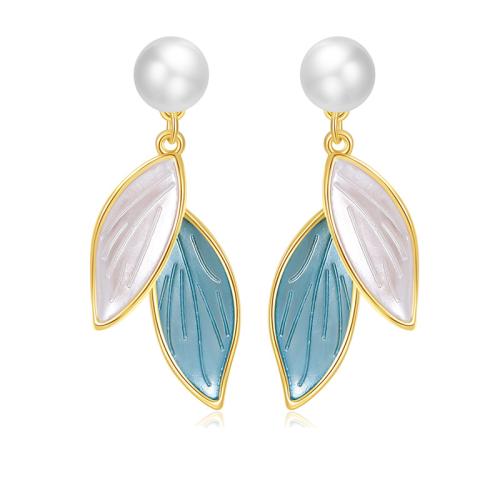 Brass Stud Earring, with Glass Pearl, fashion jewelry & for woman, 13x31.36mm, Sold By Pair
