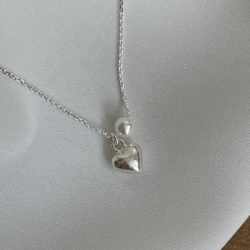 925 Sterling Silver Necklaces, with Freshwater Pearl, Heart, fashion jewelry & for woman, Length:Approx 40 cm, Sold By PC