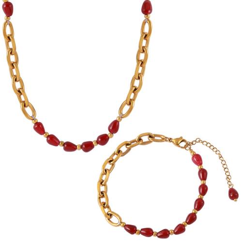 Σετ Κοσμημάτων, Titanium Steel, με Red Agate, κοσμήματα μόδας & διαφορετικά στυλ για την επιλογή & για τη γυναίκα, χρυσαφένιος, Sold Με PC