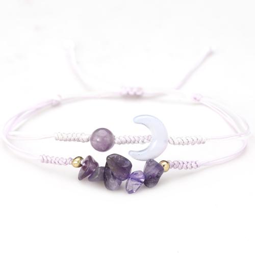 Gemstone Bracelets, Knot Cord, with Natural Stone, Moon, handmade, Double Layer & Unisex & adjustable, more colors for choice, Length:Approx 16-26 cm, Sold By PC