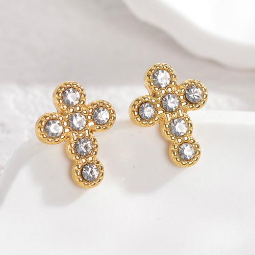 Titanium Steel  Earring with Plastic Pearl Cross gold color plated & for woman & with rhinestone nickel lead & cadmium free Sold By Pair