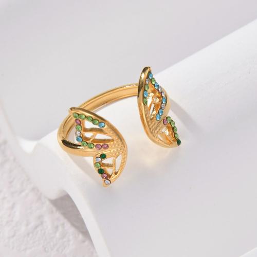 Titanium Čelik Finger Ring, Leptir, zlatna boja pozlaćen, za žene & s Rhinestone, multi-boji, Prodano By PC