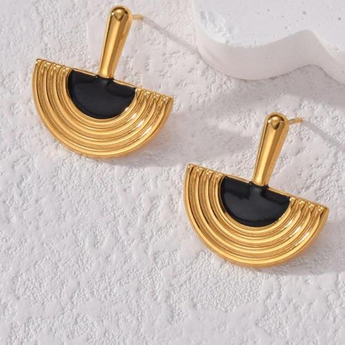 Titanium Steel  Earring, gold color plated, for woman & enamel, black, 21mm, Sold By Pair