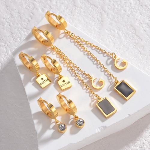 Titanium Steel  Earring, with 5CM extender chain, gold color plated, for woman & enamel & with rhinestone, mixed colors, Length:45 cm, 3Pairs/Set, Sold By Set