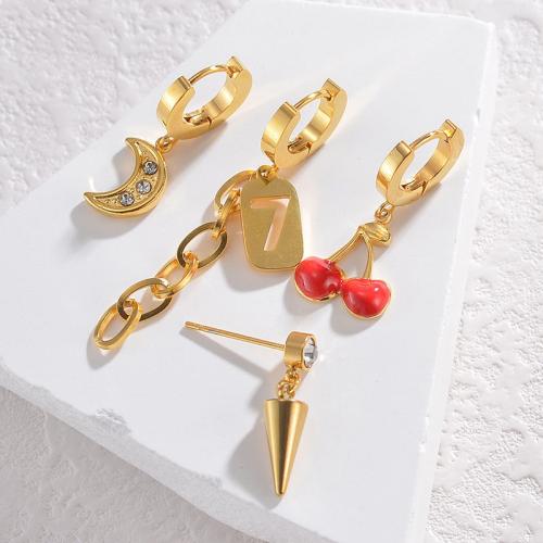 Boucle d'oreille Acier Titane, avec 5CM chaînes de rallonge, Placage de couleur d'or, pour femme & émail & avec strass, couleurs mélangées, Vendu par fixé