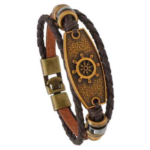 PU Leather Cord Bracelets, Tibetan Style, with PU Leather & Copper Coated Plastic, handmade, three layers & fashion jewelry & for man, brown, Length:21 cm, Sold By PC