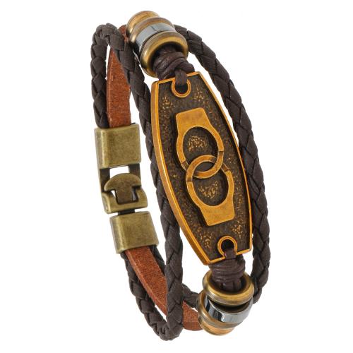 Bracelets cordon PU, alliage de zinc, avec cuir PU & plastique revêtu de cuivre, fait à la main, trois couches & bijoux de mode & pour homme, brun, Longueur:21 cm, Vendu par PC