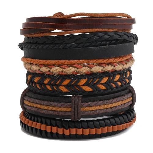 PU Leather Cord Bracelets, with Linen & Wax Cord, handmade, 6 pieces & fashion jewelry & for man, Diameter: about 5.5-6.5cm, Sold By Set