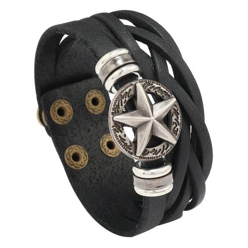 Cowhide Bracelet, with Copper Coated Plastic & Tibetan Style, handmade, fashion jewelry & multilayer & for man, black, wide:2.6cm, Length:21 cm, Sold By PC