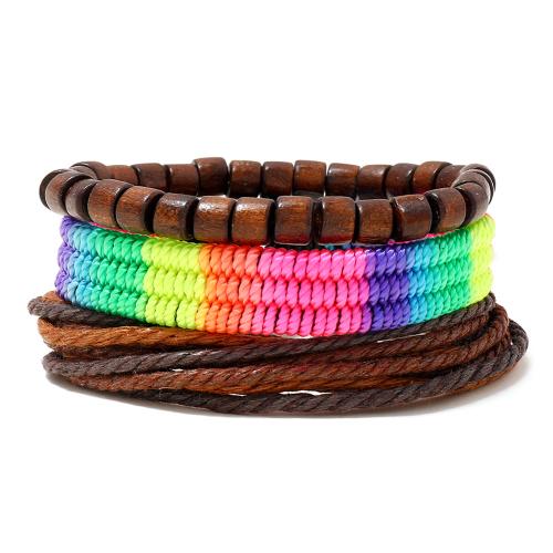 PU Leather Cord Bracelets with Wax Cord & Wood handmade three pieces & fashion jewelry & Unisex multi-colored about 6cm Sold By Set