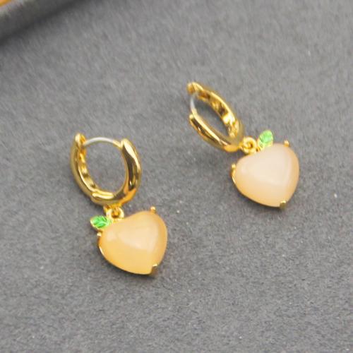 Huggie Hoop Drop Earring, Brass, with Cats Eye, plated, for woman & enamel, golden, Sold By Pair