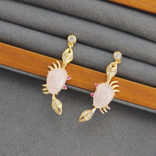 Cubic Zirconia Micro Pave Brass Earring, with Rose Quartz, plated, different styles for choice & micro pave cubic zirconia & for woman, golden, Sold By Pair
