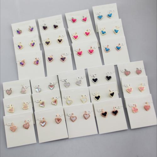 Brass Stud Earring, with Gemstone, Heart, plated, different materials for choice & for woman, more colors for choice, 14mm, Sold By Pair